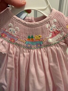 Velani classics Pink Smocked Dress with Bunny & Chick Embroidery